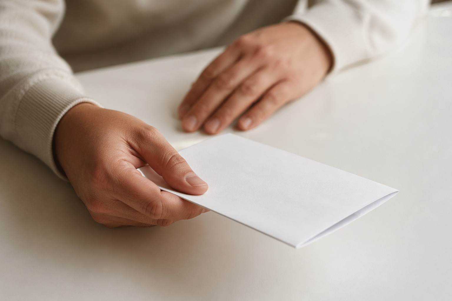 Hands holding a plain white envelope on a white table
