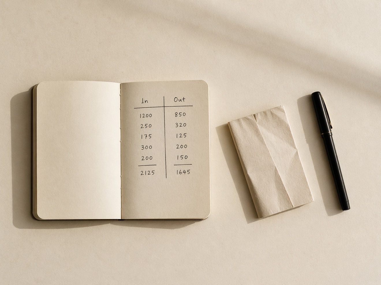 An open notebook with handwritten In and Out columns beside a folded note and a pen