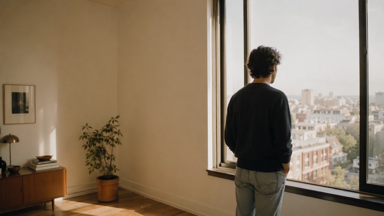 A man looking out of a tall apartment window over the city