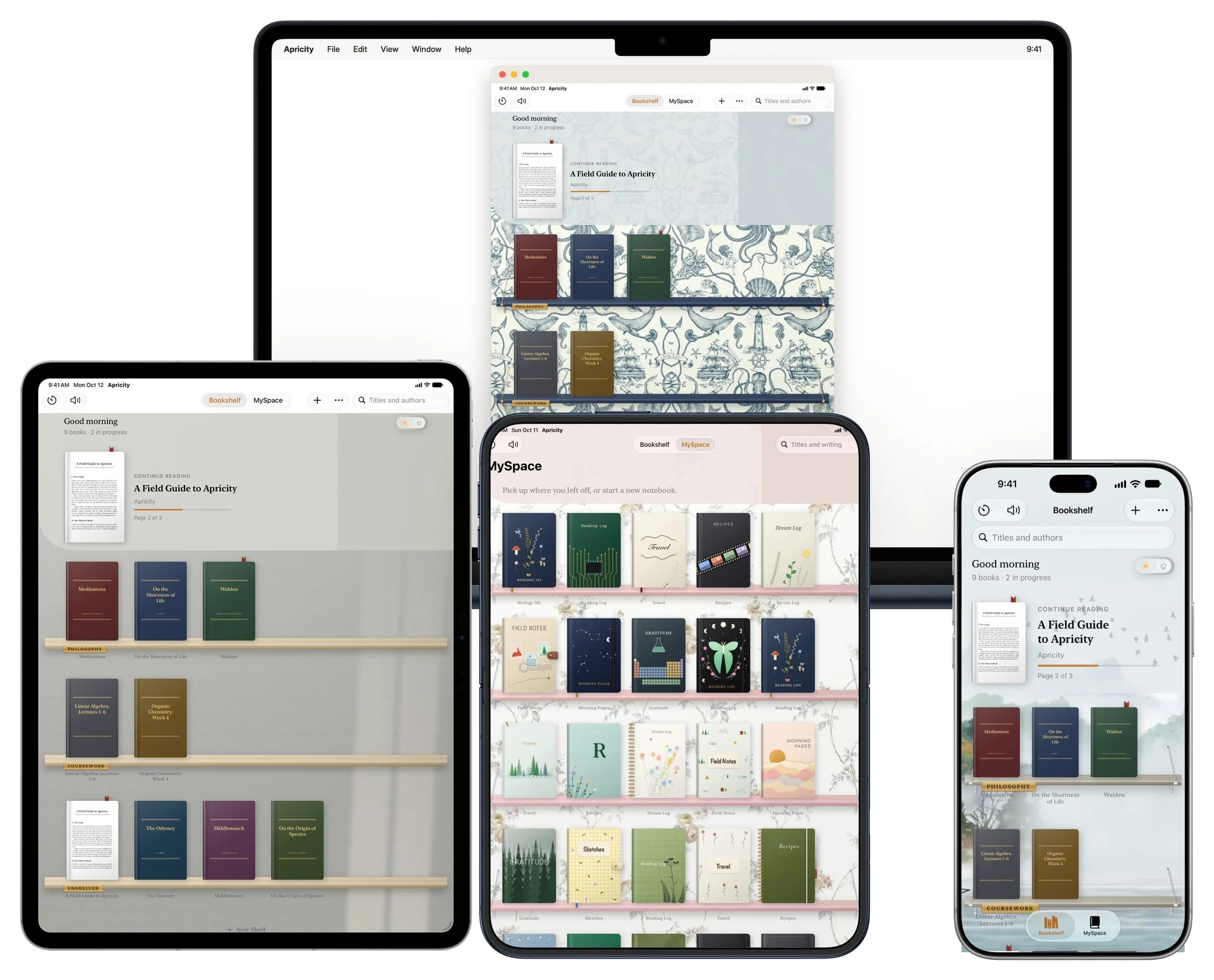 Apricity's bookshelf on a Mac, an iPad, a folding iPhone and an iPhone: the Captain’s Cabin room with navy shelves on a nautical wallpaper on the Mac, white oak shelves in morning light on the iPad, notebooks on a rose wallpaper, and a misty lake on the iPhone