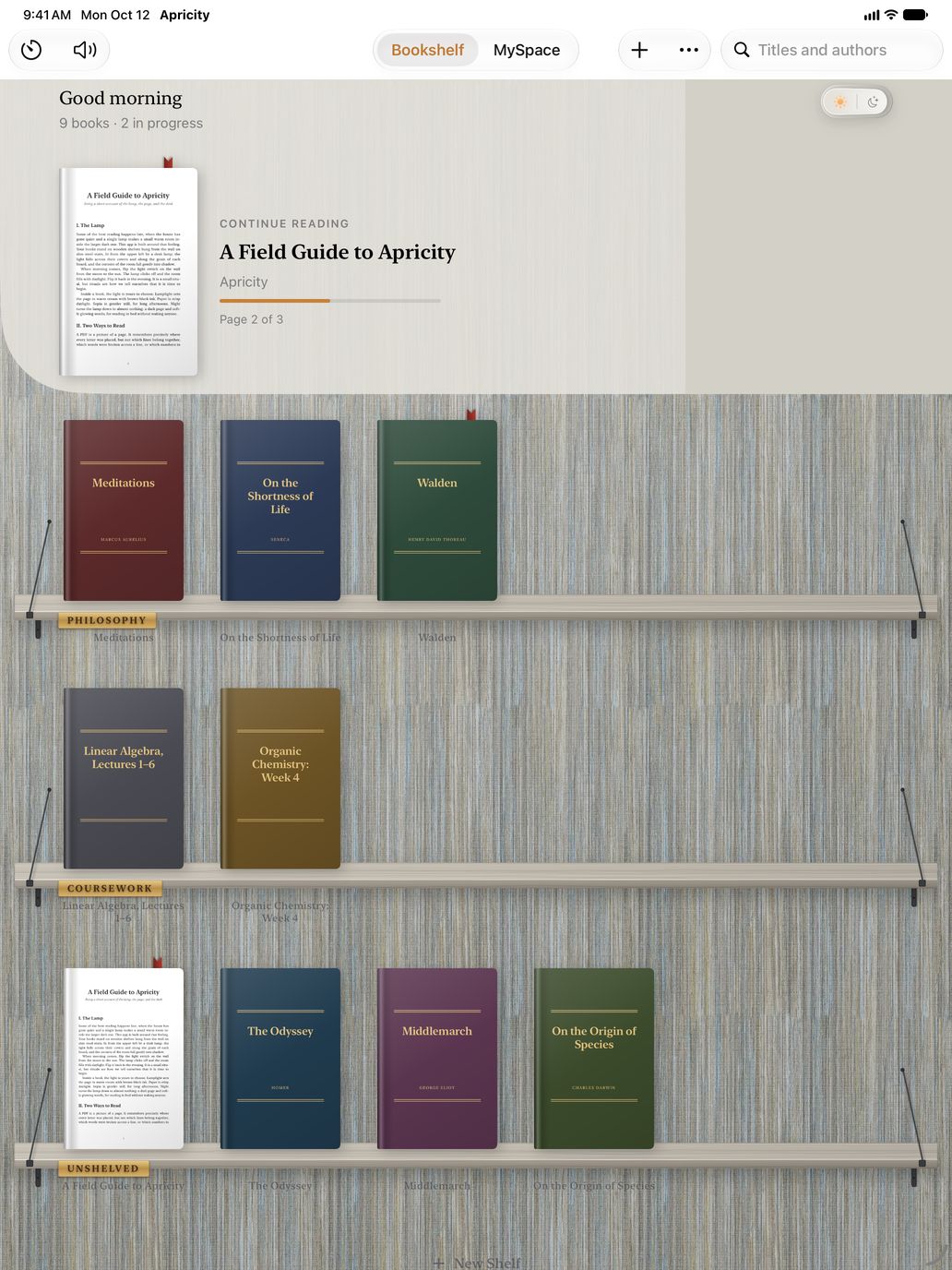 Apricity's bookshelf on iPad in the Grasscloth Study room: books on driftwood shelves with black iron stays against a woven grasscloth wall