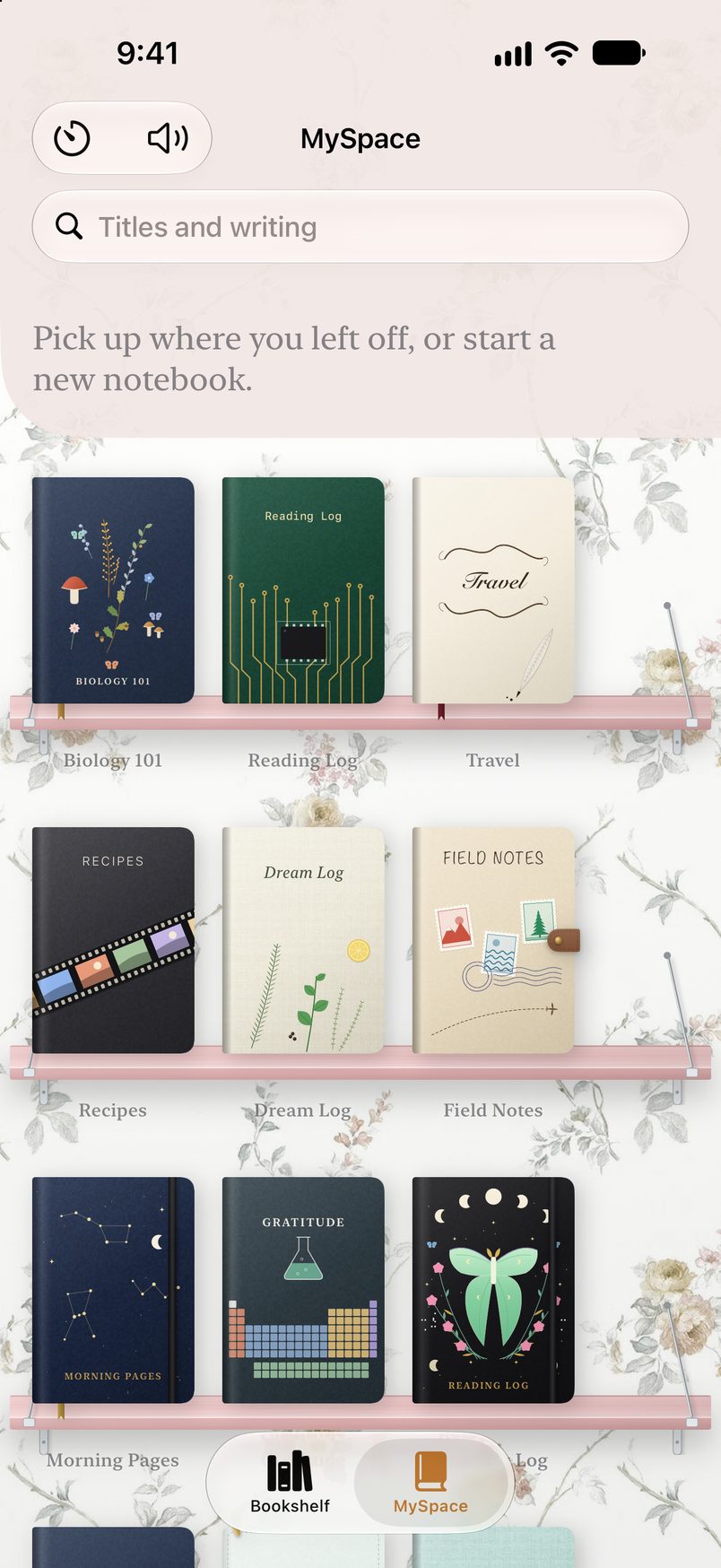 MySpace: a shelf of notebooks with illustrated covers