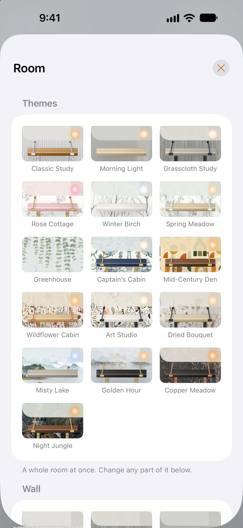 The Room panel with themes, from Misty Lake to Rose Cottage