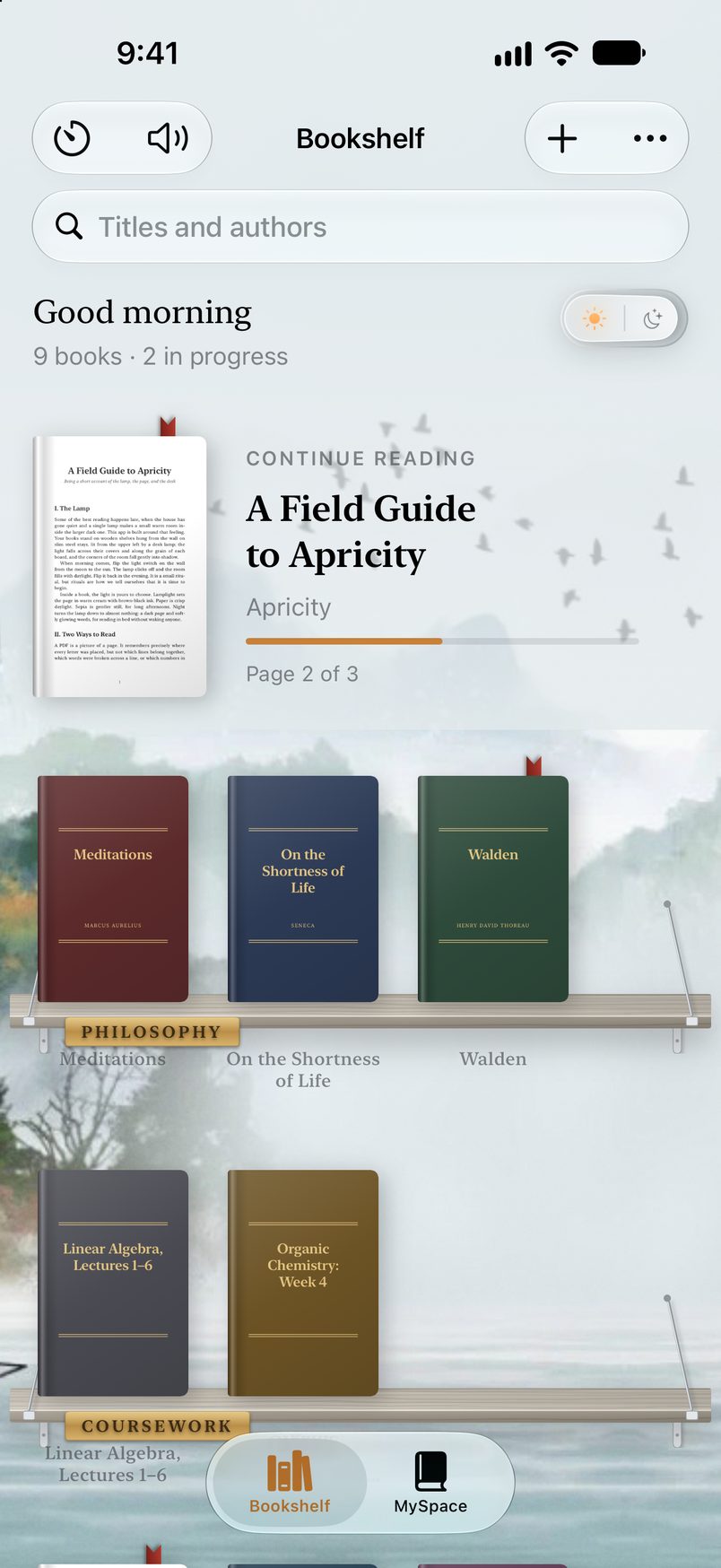 Apricity's bookshelf on iPhone, with a book to continue reading